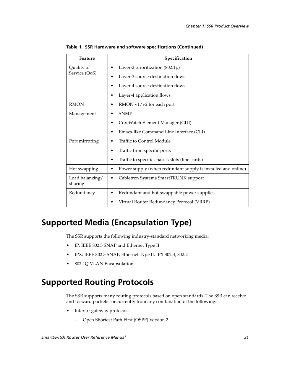 Supported media (encapsulation type), Supported routing protocols | Cabletron Systems SmartSwitch User Manual | Page 31 / 338