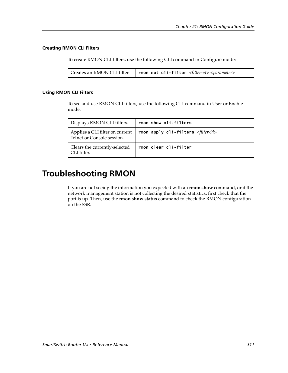 Creating rmon cli filters, Using rmon cli filters, Troubleshooting rmon | Creating rmon cli filters using rmon cli filters | Cabletron Systems SmartSwitch User Manual | Page 311 / 338