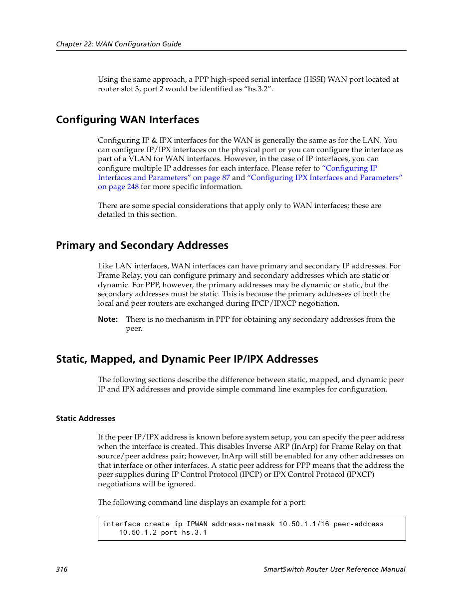 Configuring wan interfaces, Primary and secondary addresses, Static, mapped, and dynamic peer ip/ipx addresses | Static addresses | Cabletron Systems SmartSwitch User Manual | Page 316 / 338