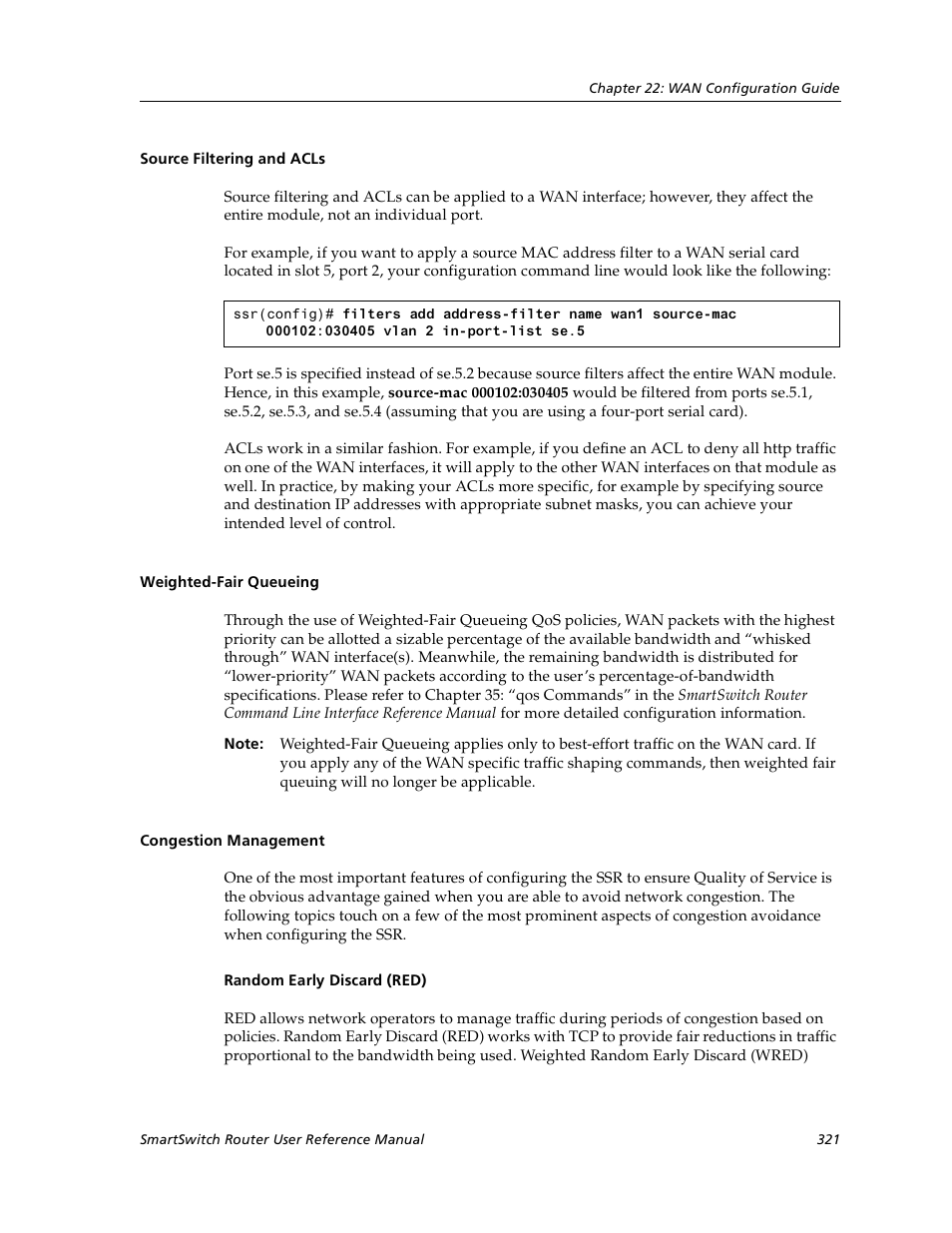 Source filtering and acls, Weighted-fair queueing, Congestion management | Random early discard (red) | Cabletron Systems SmartSwitch User Manual | Page 321 / 338