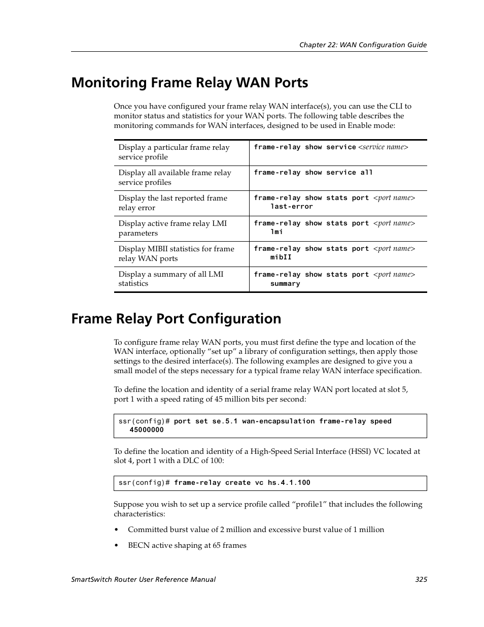 Monitoring frame relay wan ports, Frame relay port configuration | Cabletron Systems SmartSwitch User Manual | Page 325 / 338