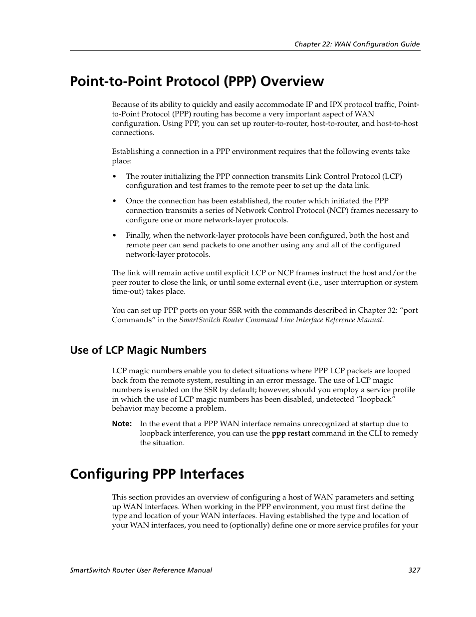 Point-to-point protocol (ppp) overview, Use of lcp magic numbers, Configuring ppp interfaces | Cabletron Systems SmartSwitch User Manual | Page 327 / 338