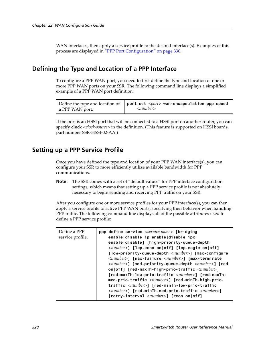 Defining the type and location of a ppp interface, Setting up a ppp service profile | Cabletron Systems SmartSwitch User Manual | Page 328 / 338