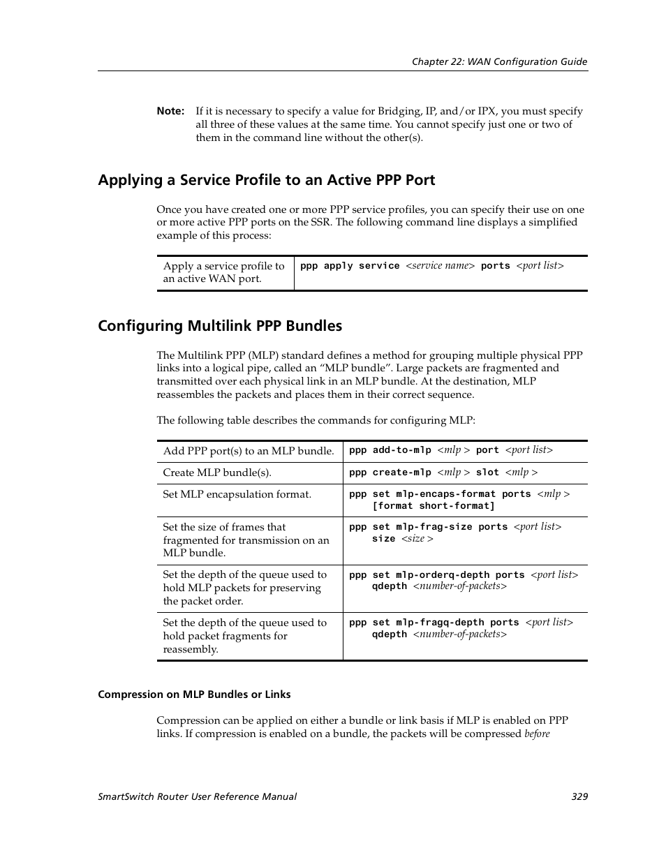 Applying a service profile to an active ppp port, Configuring multilink ppp bundles, Compression on mlp bundles or links | Cabletron Systems SmartSwitch User Manual | Page 329 / 338