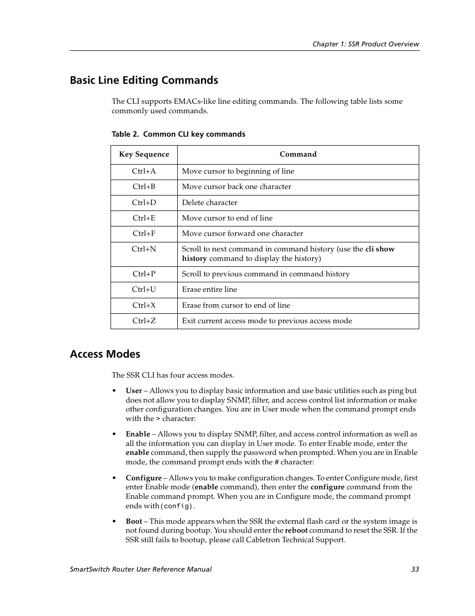 Basic line editing commands, Access modes, Basic line editing commands access modes | Cabletron Systems SmartSwitch User Manual | Page 33 / 338