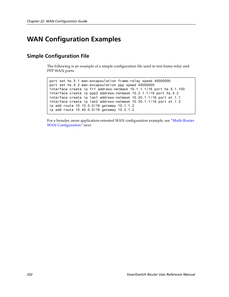 Wan configuration examples, Simple configuration file | Cabletron Systems SmartSwitch User Manual | Page 332 / 338