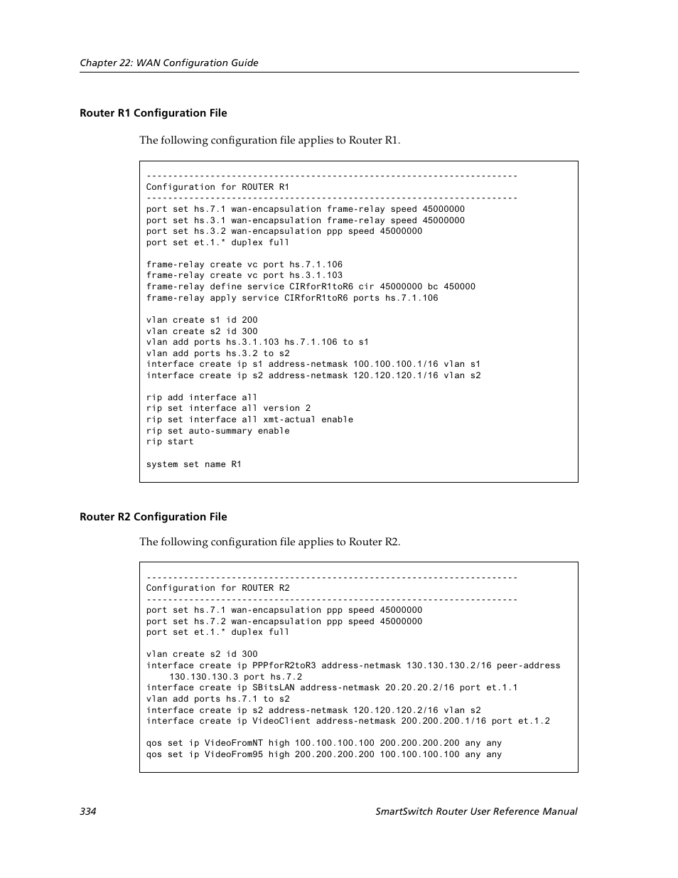 Router r1 configuration file, Router r2 configuration file | Cabletron Systems SmartSwitch User Manual | Page 334 / 338
