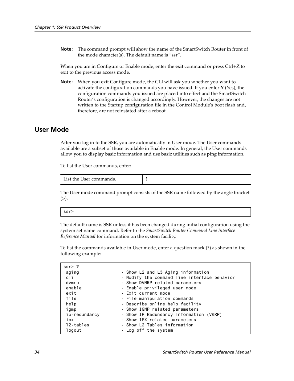 User mode | Cabletron Systems SmartSwitch User Manual | Page 34 / 338