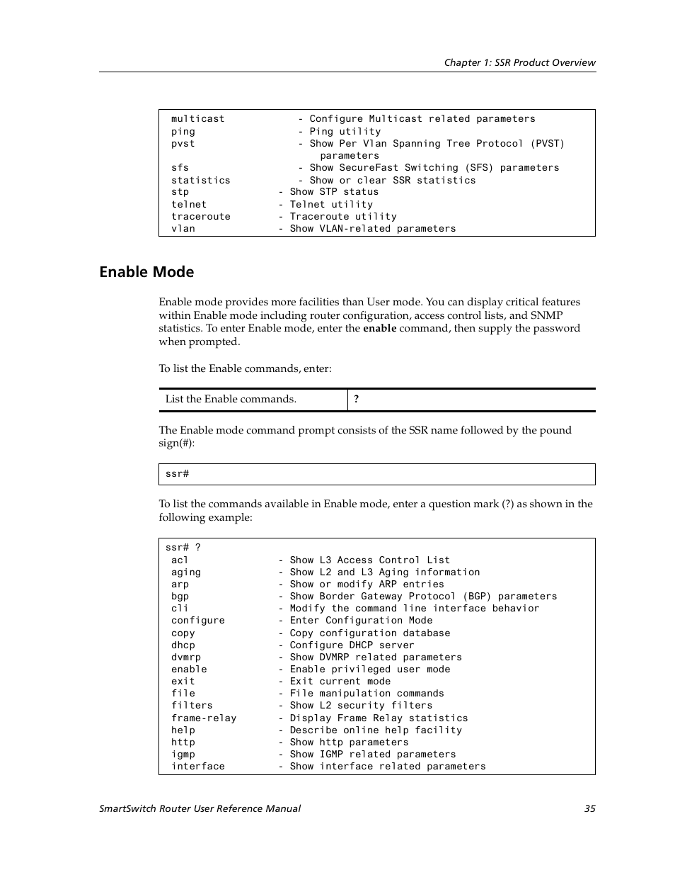 Enable mode | Cabletron Systems SmartSwitch User Manual | Page 35 / 338