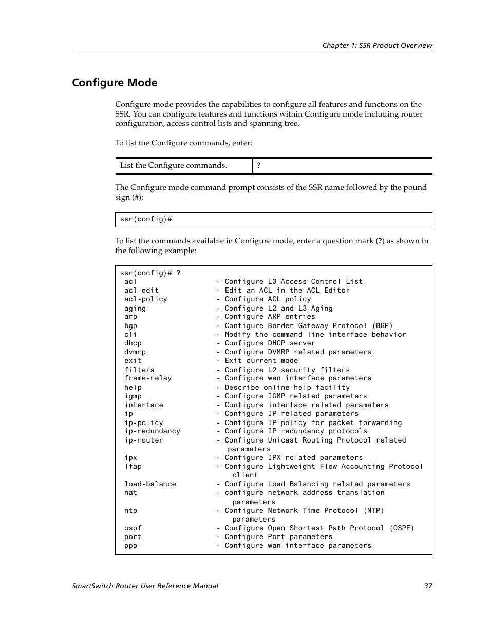 Configure mode | Cabletron Systems SmartSwitch User Manual | Page 37 / 338