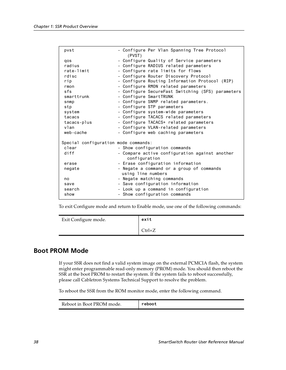 Boot prom mode | Cabletron Systems SmartSwitch User Manual | Page 38 / 338