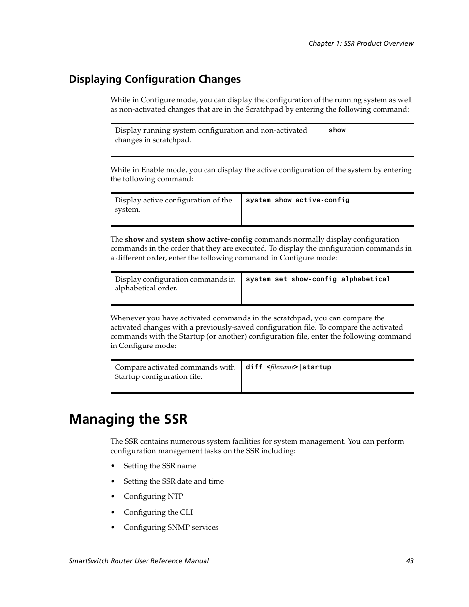 Displaying configuration changes, Managing the ssr | Cabletron Systems SmartSwitch User Manual | Page 43 / 338