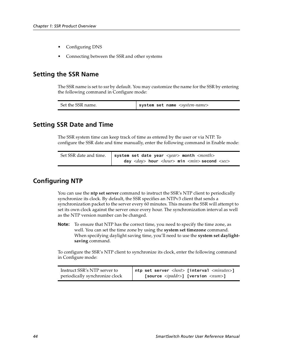 Setting the ssr name, Setting ssr date and time, Configuring ntp | Cabletron Systems SmartSwitch User Manual | Page 44 / 338
