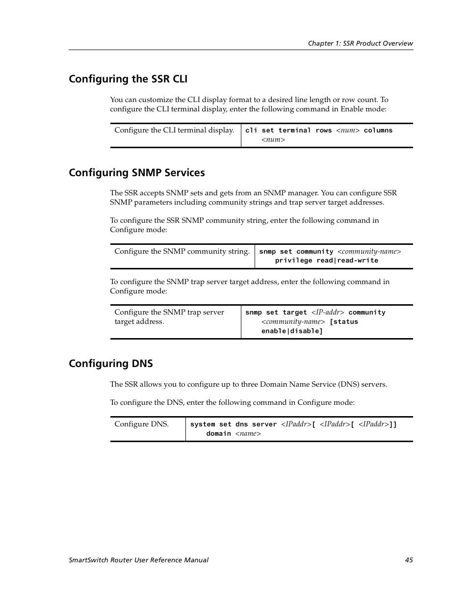 Configuring the ssr cli, Configuring snmp services, Configuring dns | Cabletron Systems SmartSwitch User Manual | Page 45 / 338