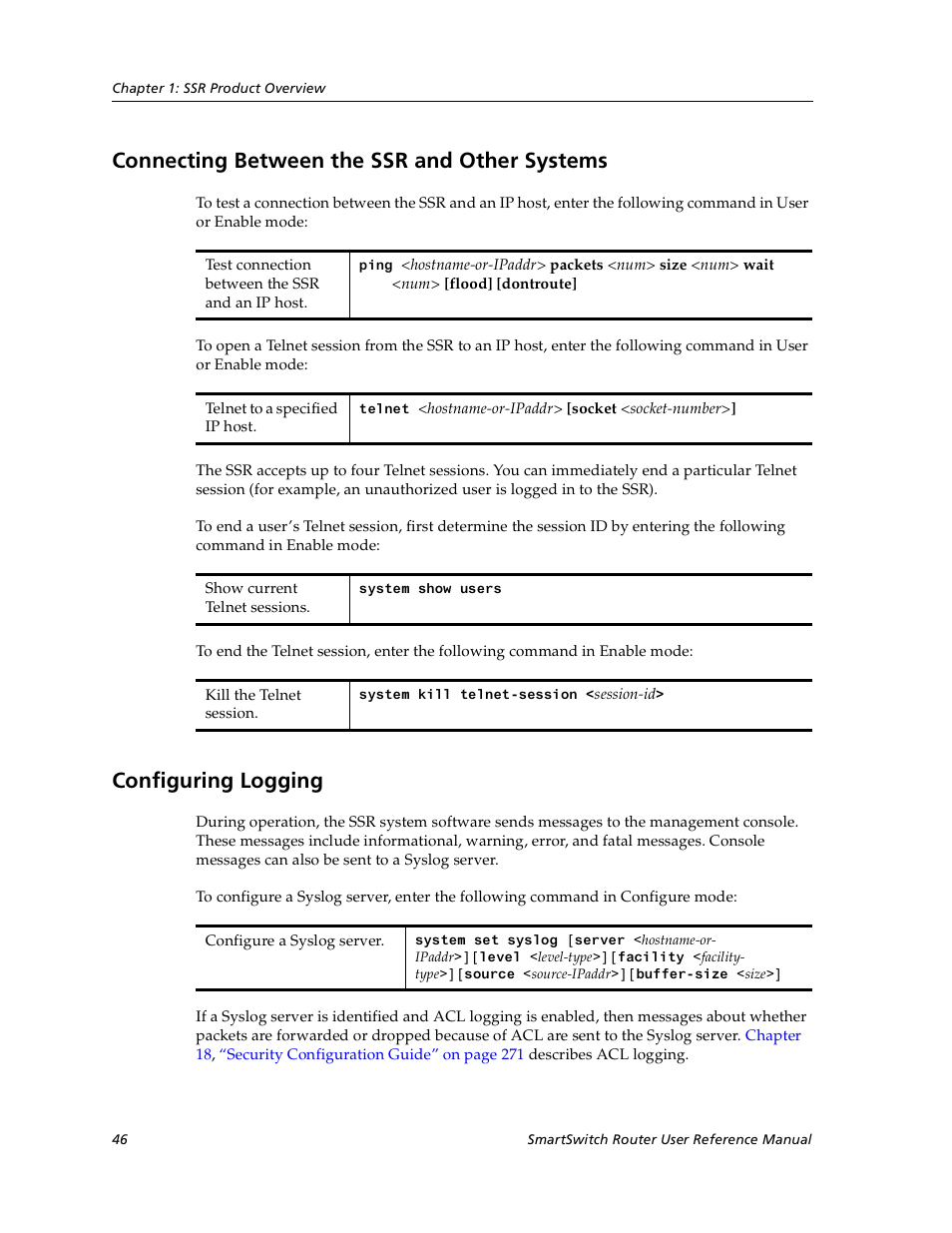 Connecting between the ssr and other systems, Configuring logging | Cabletron Systems SmartSwitch User Manual | Page 46 / 338
