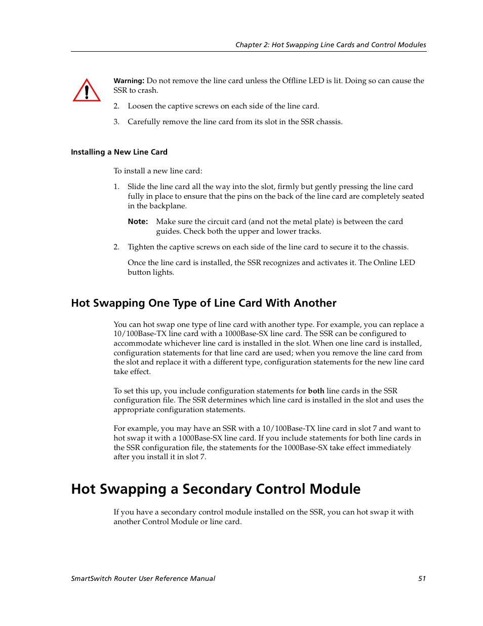 Installing a new line card, Hot swapping one type of line card with another, Hot swapping a secondary control module | Cabletron Systems SmartSwitch User Manual | Page 51 / 338