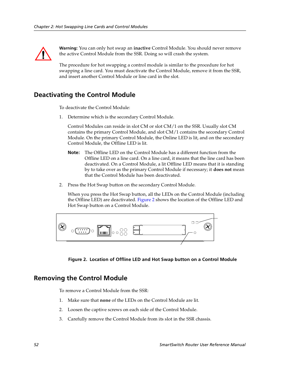 Deactivating the control module, Removing the control module | Cabletron Systems SmartSwitch User Manual | Page 52 / 338