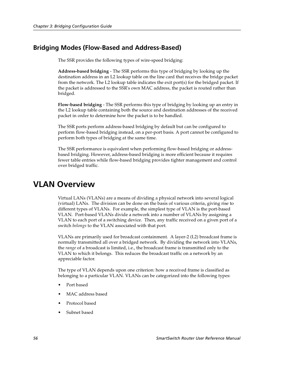 Bridging modes (flow-based and address-based), Vlan overview | Cabletron Systems SmartSwitch User Manual | Page 56 / 338