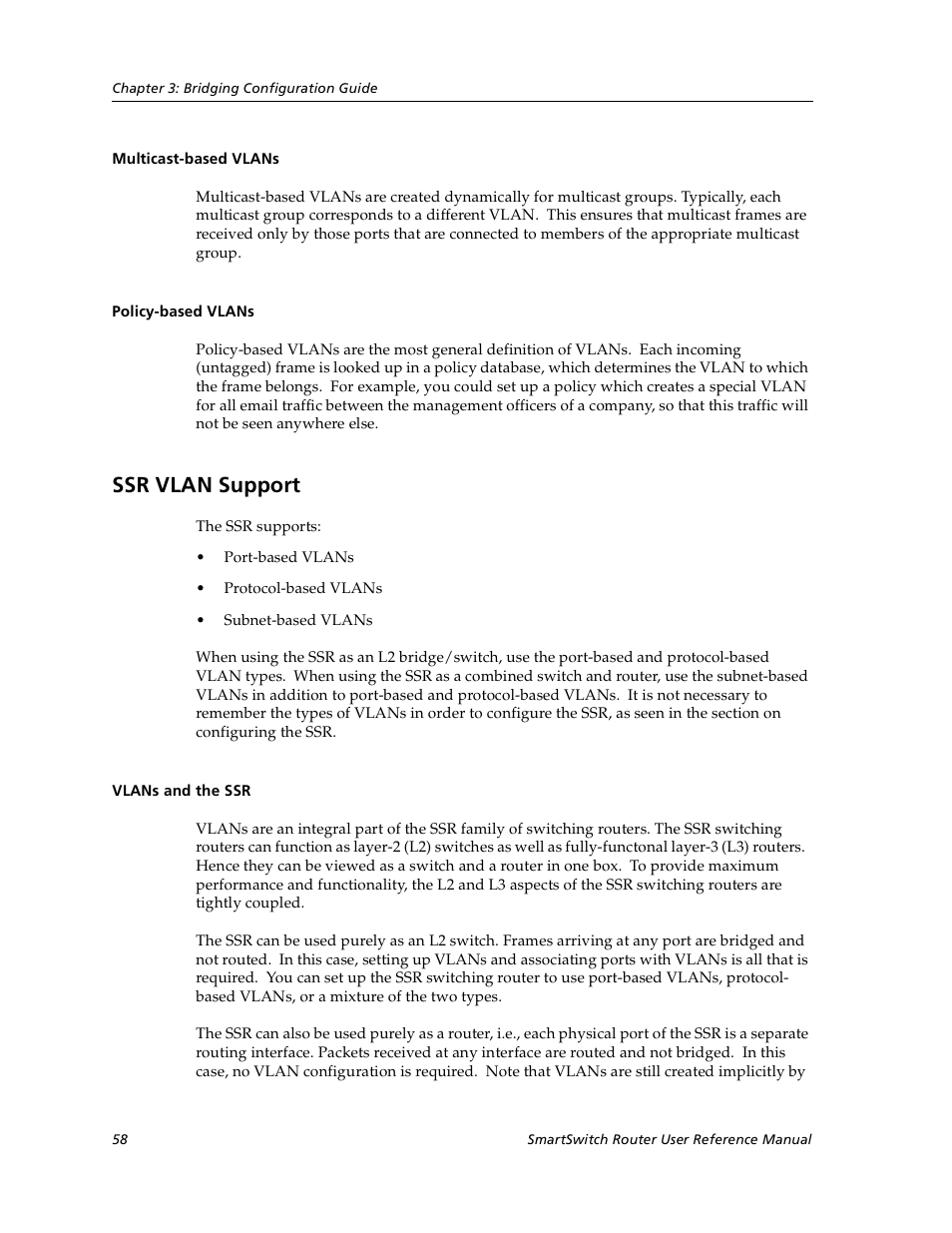Multicast-based vlans, Policy-based vlans, Ssr vlan support | Vlans and the ssr, Multicast-based vlans policy-based vlans | Cabletron Systems SmartSwitch User Manual | Page 58 / 338