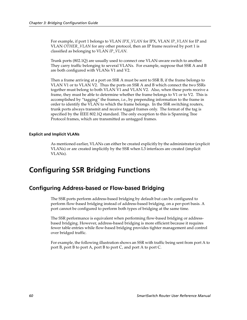 Explicit and implicit vlans, Configuring ssr bridging functions, Configuring address-based or flow-based bridging | Cabletron Systems SmartSwitch User Manual | Page 60 / 338