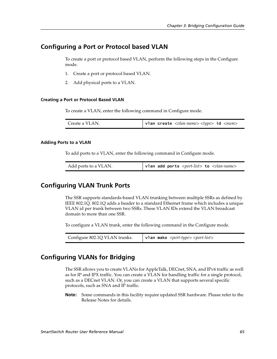 Configuring a port or protocol based vlan, Creating a port or protocol based vlan, Adding ports to a vlan | Configuring vlan trunk ports, Configuring vlans for bridging | Cabletron Systems SmartSwitch User Manual | Page 65 / 338