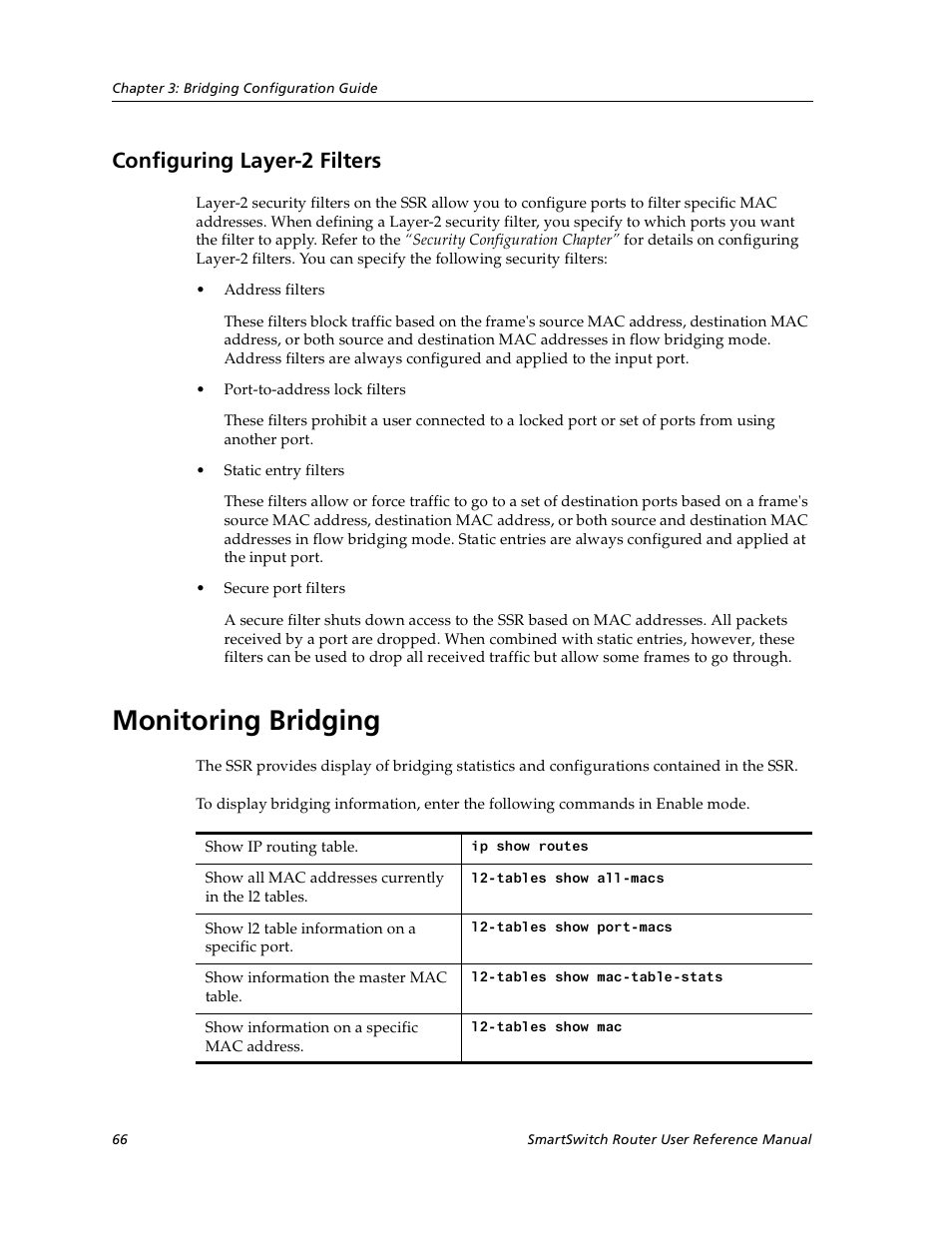 Configuring layer-2 filters, Monitoring bridging | Cabletron Systems SmartSwitch User Manual | Page 66 / 338