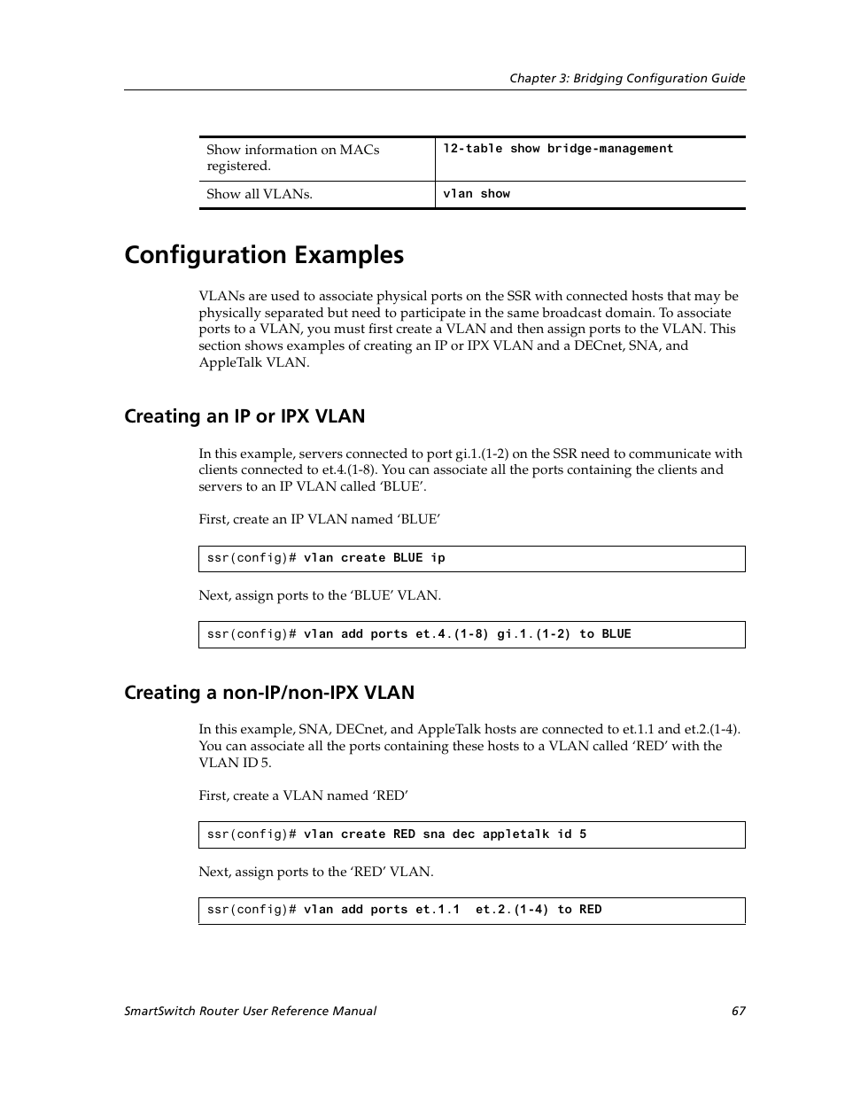 Configuration examples, Creating an ip or ipx vlan, Creating a non-ip/non-ipx vlan | Cabletron Systems SmartSwitch User Manual | Page 67 / 338
