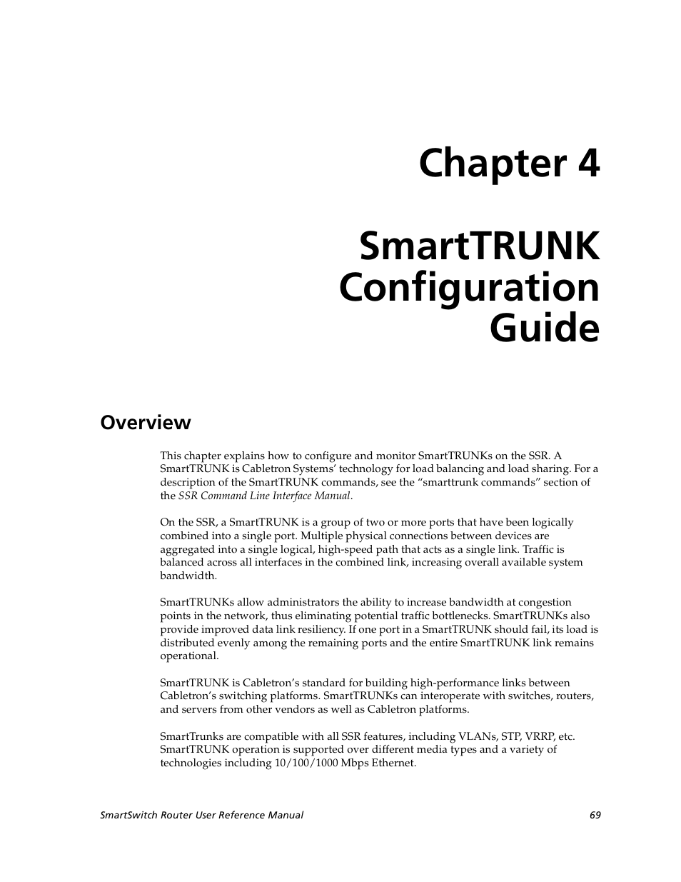 Smarttrunk configuration guide, Overview, Chapter 4: smarttrunk configuration guide | Chapter 4, Smarttrunk configuration, Chapter 4 smarttrunk configuration guide | Cabletron Systems SmartSwitch User Manual | Page 69 / 338