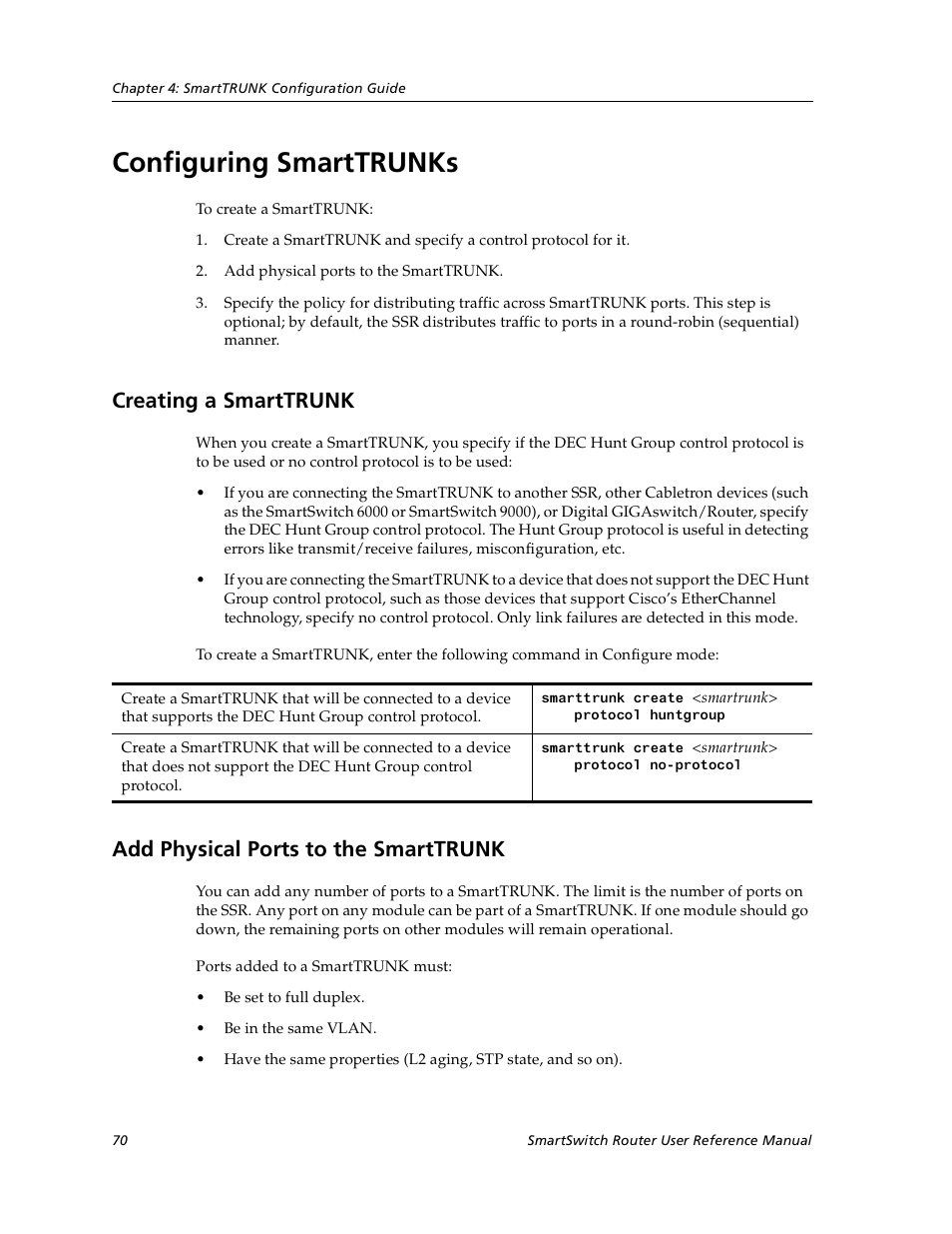 Configuring smarttrunks, Creating a smarttrunk, Add physical ports to the smarttrunk | Cabletron Systems SmartSwitch User Manual | Page 70 / 338