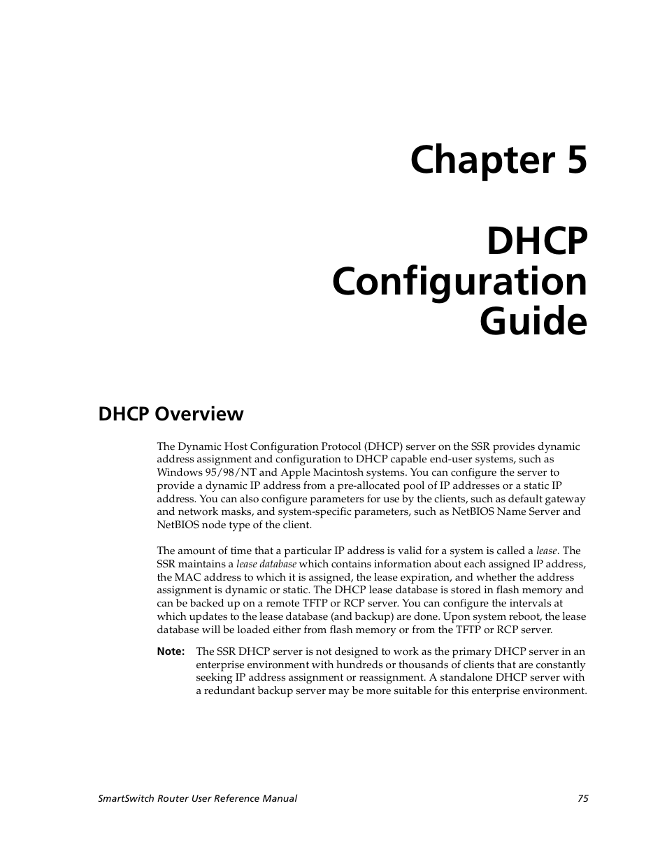 Dhcp configuration guide, Dhcp overview, Chapter 5: dhcp configuration guide | Chapter 5, Chapter 5 dhcp configuration guide | Cabletron Systems SmartSwitch User Manual | Page 75 / 338