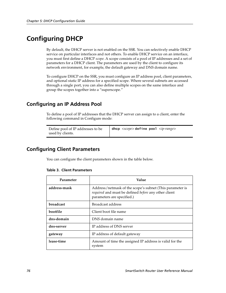 Configuring dhcp, Configuring an ip address pool, Configuring client parameters | Cabletron Systems SmartSwitch User Manual | Page 76 / 338
