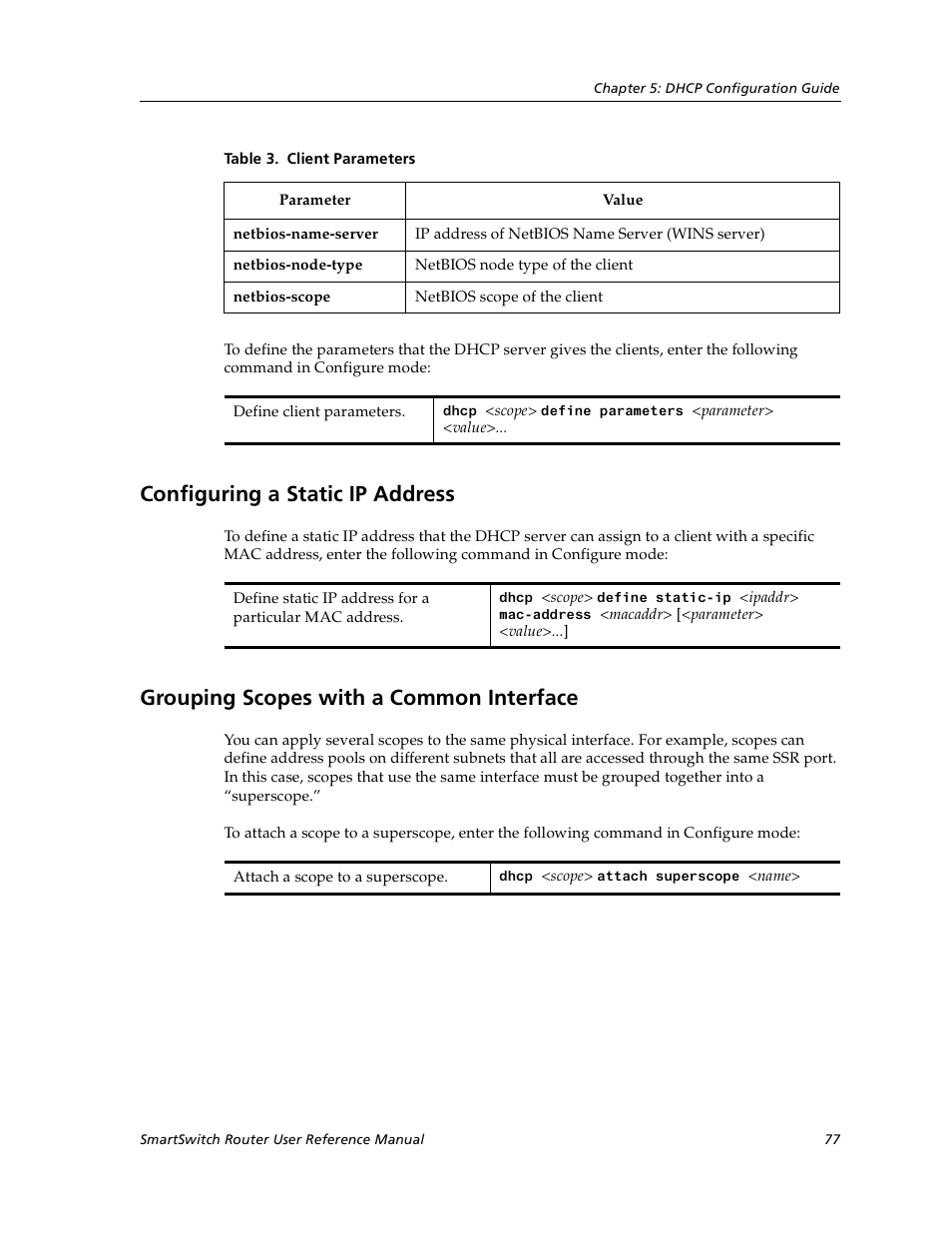 Configuring a static ip address, Grouping scopes with a common interface | Cabletron Systems SmartSwitch User Manual | Page 77 / 338