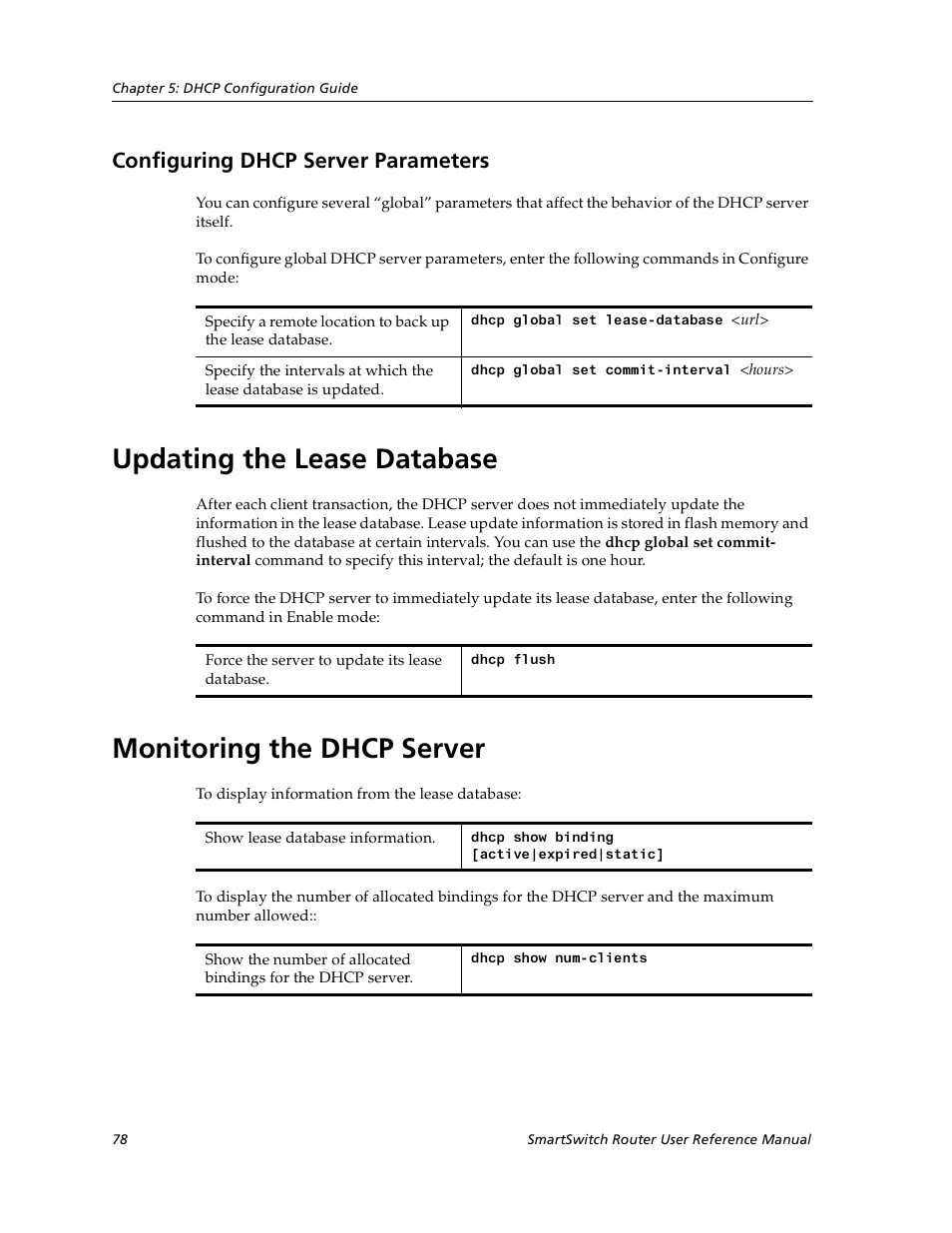 Configuring dhcp server parameters, Updating the lease database, Monitoring the dhcp server | Cabletron Systems SmartSwitch User Manual | Page 78 / 338