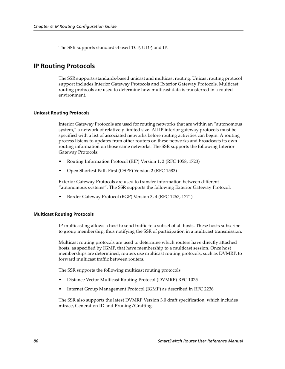 Ip routing protocols, Unicast routing protocols, Multicast routing protocols | Cabletron Systems SmartSwitch User Manual | Page 86 / 338