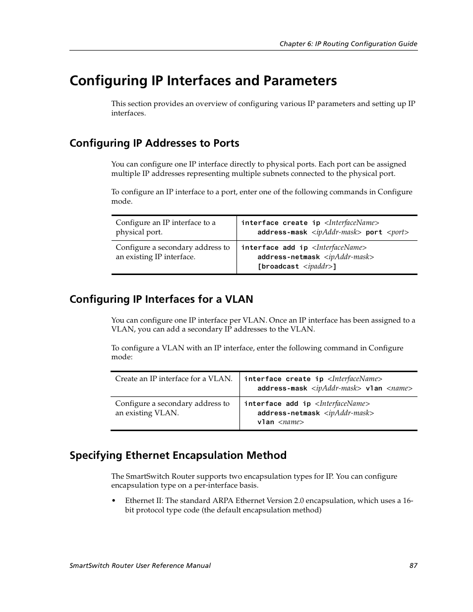 Configuring ip interfaces and parameters, Configuring ip addresses to ports, Configuring ip interfaces for a vlan | Specifying ethernet encapsulation method | Cabletron Systems SmartSwitch User Manual | Page 87 / 338