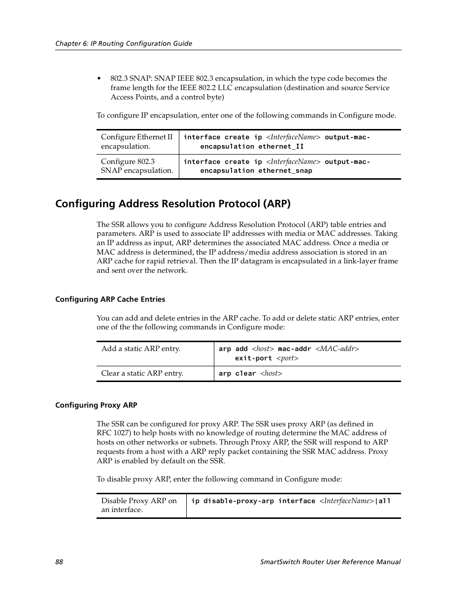 Configuring address resolution protocol (arp), Configuring arp cache entries, Configuring proxy arp | Cabletron Systems SmartSwitch User Manual | Page 88 / 338