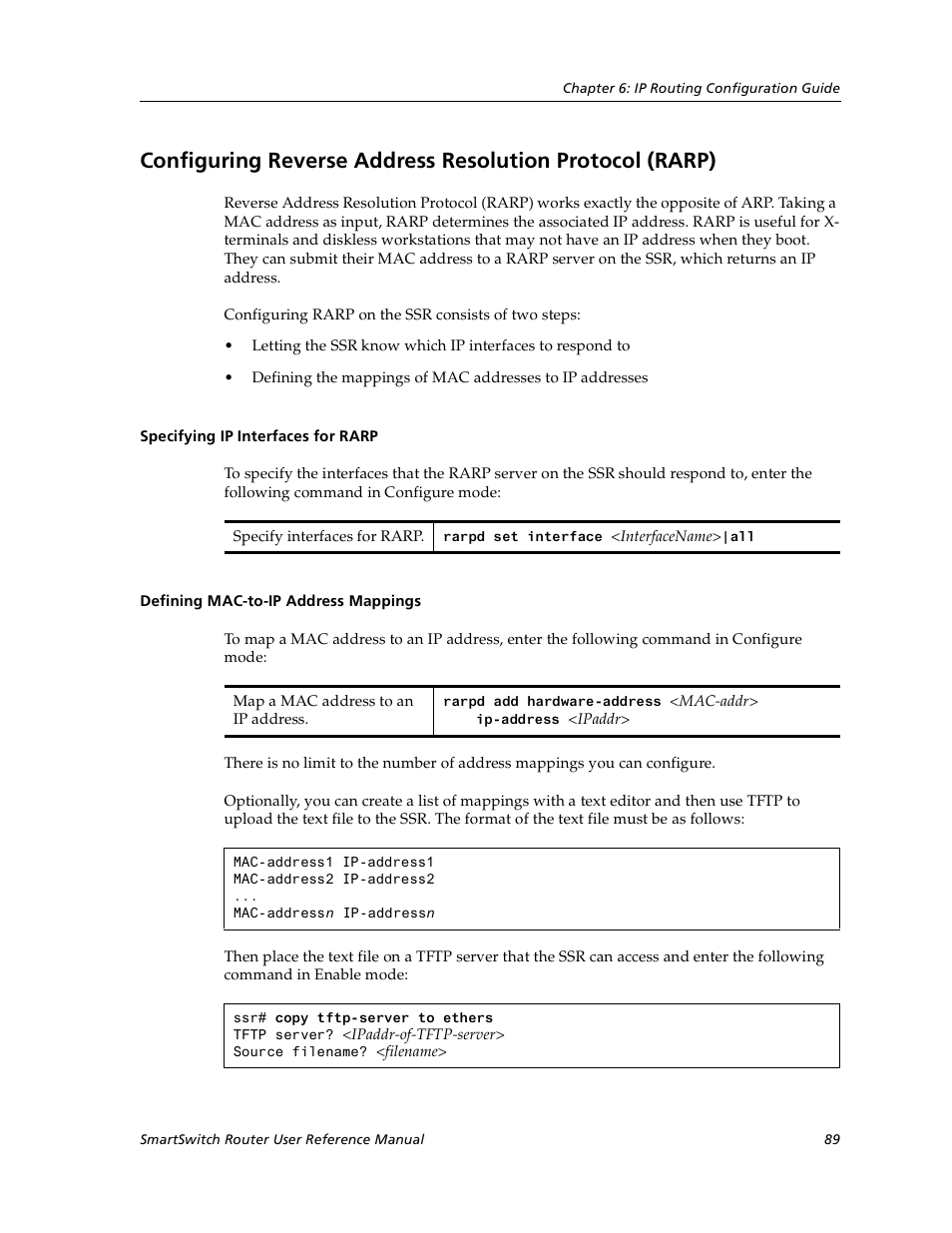Specifying ip interfaces for rarp, Defining mac-to-ip address mappings | Cabletron Systems SmartSwitch User Manual | Page 89 / 338