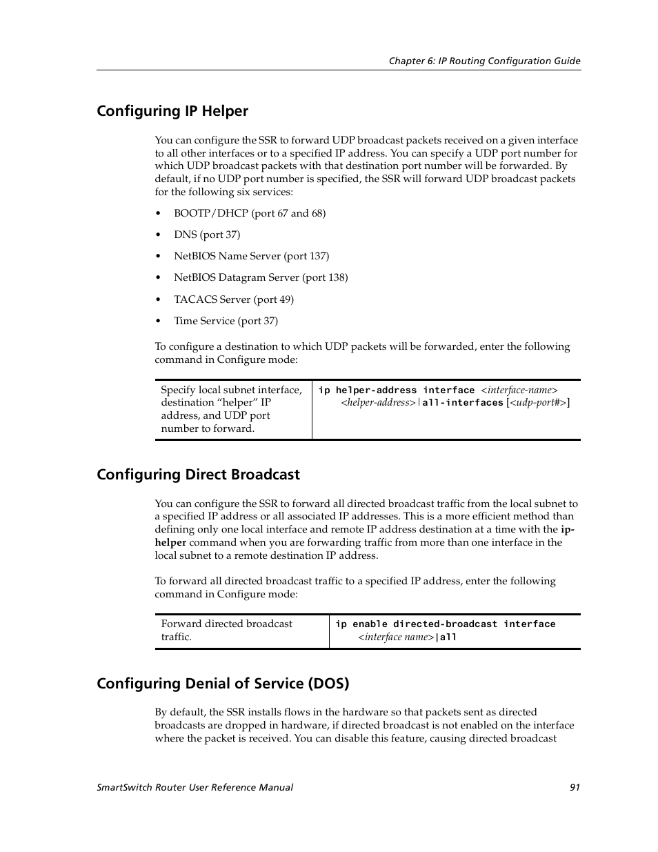 Configuring ip helper, Configuring direct broadcast, Configuring denial of service (dos) | Configuring ospf area parameters | Cabletron Systems SmartSwitch User Manual | Page 91 / 338