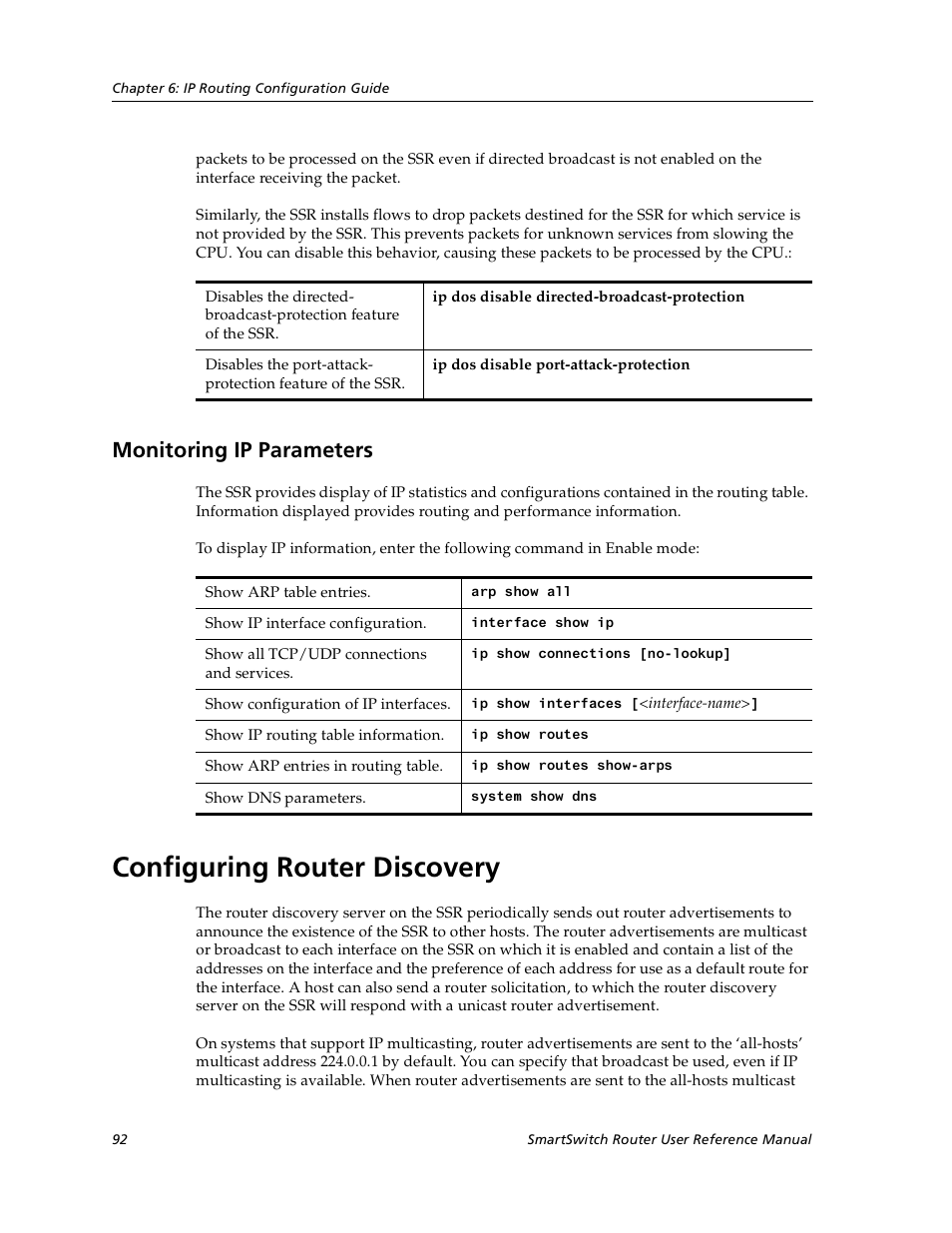 Monitoring ip parameters, Configuring router discovery | Cabletron Systems SmartSwitch User Manual | Page 92 / 338