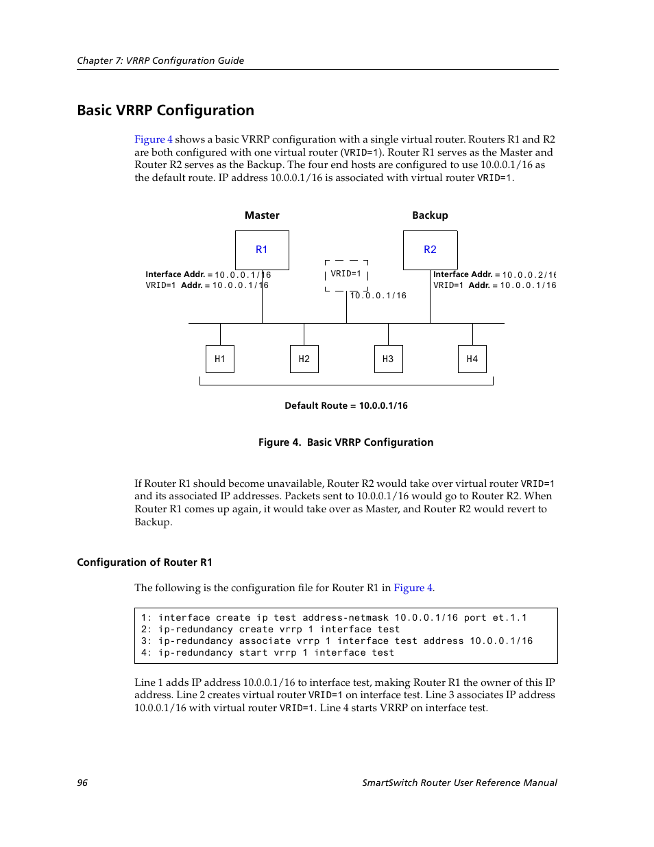 Basic vrrp configuration, Configuration of router r1 | Cabletron Systems SmartSwitch User Manual | Page 96 / 338