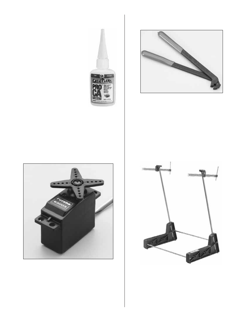 Great planes, Precision z-bend pliers, Adhesives futaba | S3003 standard servo, C.g. machine, Airplane balancer | Great Planes Float Set 40 Preassembled - GPMQ1882 User Manual | Page 16 / 16