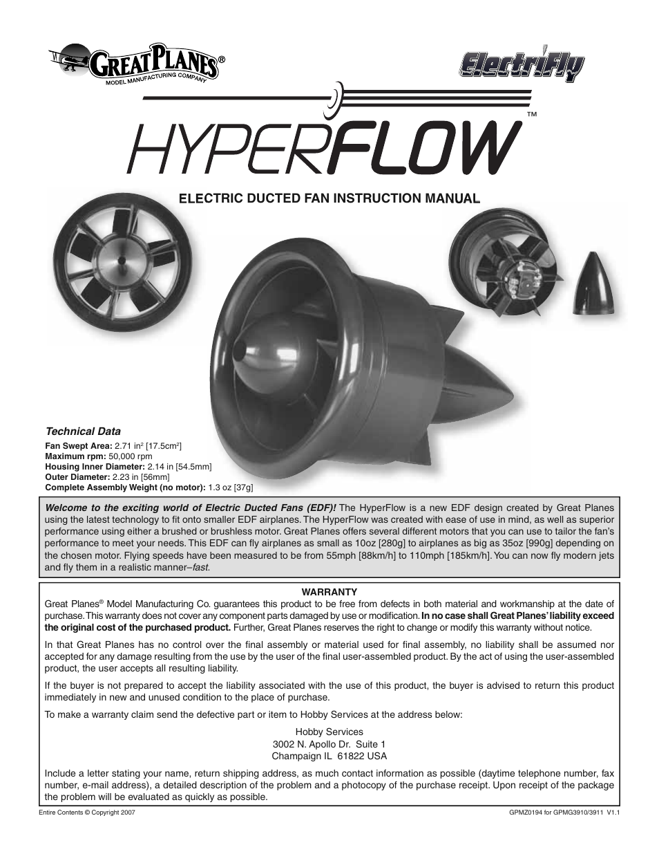 Great Planes HyperFlow Ducted Fan System - GPMG3910/3911 User Manual | 8 pages