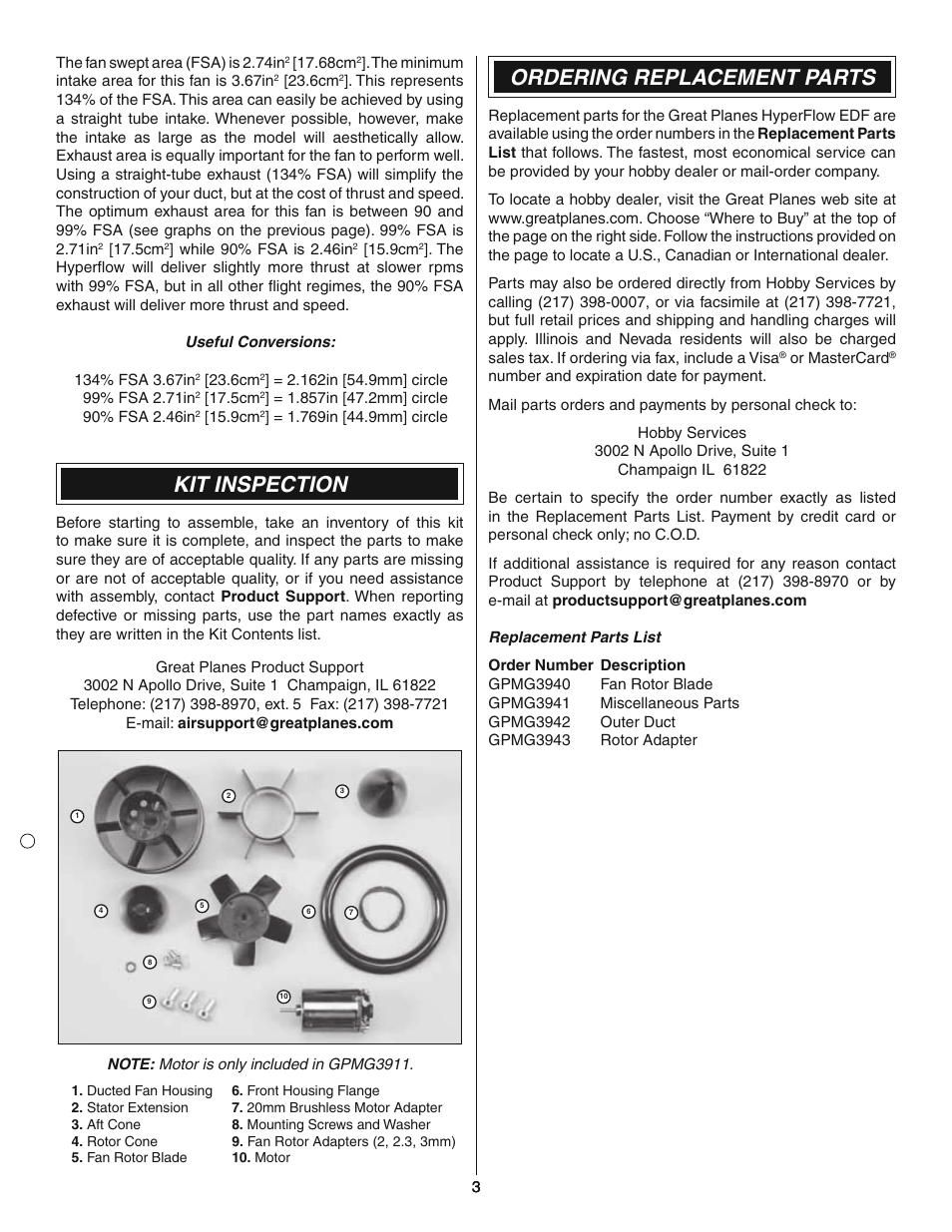 Kit inspection, Ordering replacement parts | Great Planes HyperFlow Ducted Fan System - GPMG3910/3911 User Manual | Page 3 / 8