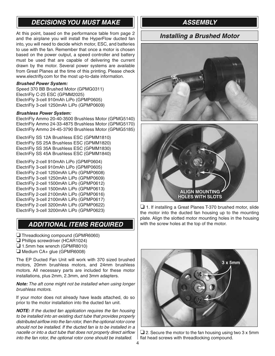 Decisions you must make, Additional items required, Assembly installing a brushed motor | Great Planes HyperFlow Ducted Fan System - GPMG3910/3911 User Manual | Page 4 / 8