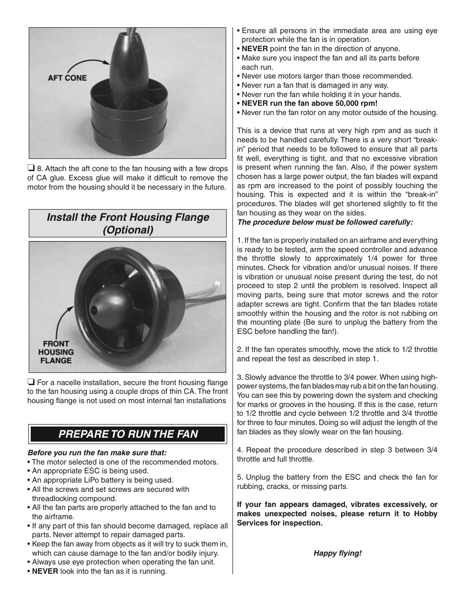 Install the front housing flange (optional), Prepare to run the fan | Great Planes HyperFlow Ducted Fan System - GPMG3910/3911 User Manual | Page 8 / 8