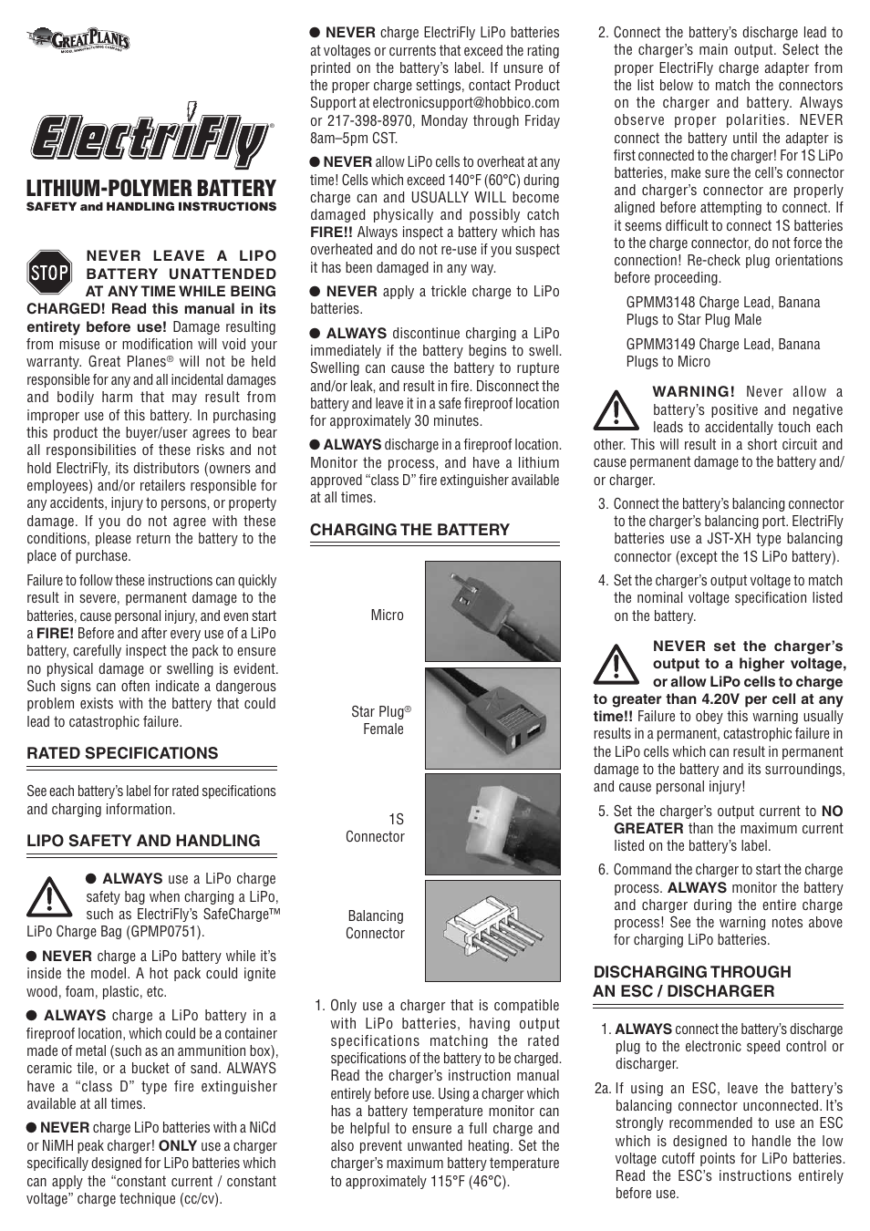 Great Planes Lithium-Polymer Batteries - GPMP0760-0871 User Manual | 2 pages