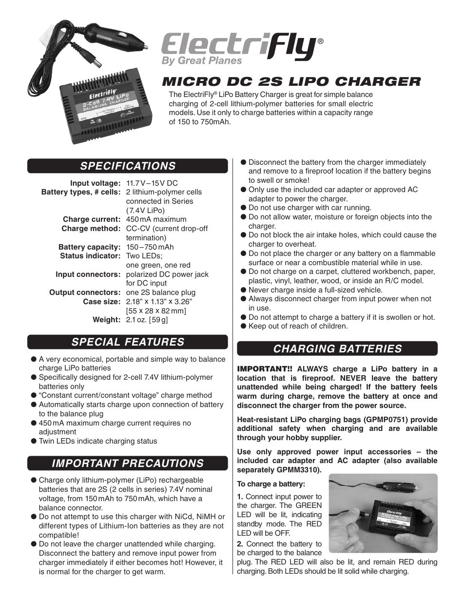 Great Planes Micro DC 2S LiPo Charger w/Car Adapter - GPMM3322 User Manual | 2 pages