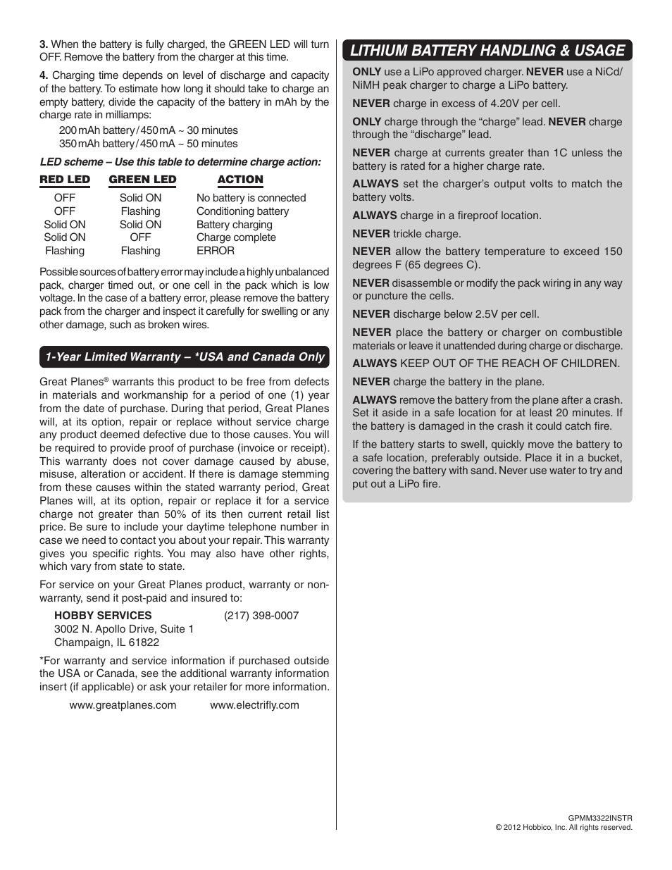 Lithium battery handling & usage | Great Planes Micro DC 2S LiPo Charger w/Car Adapter - GPMM3322 User Manual | Page 2 / 2