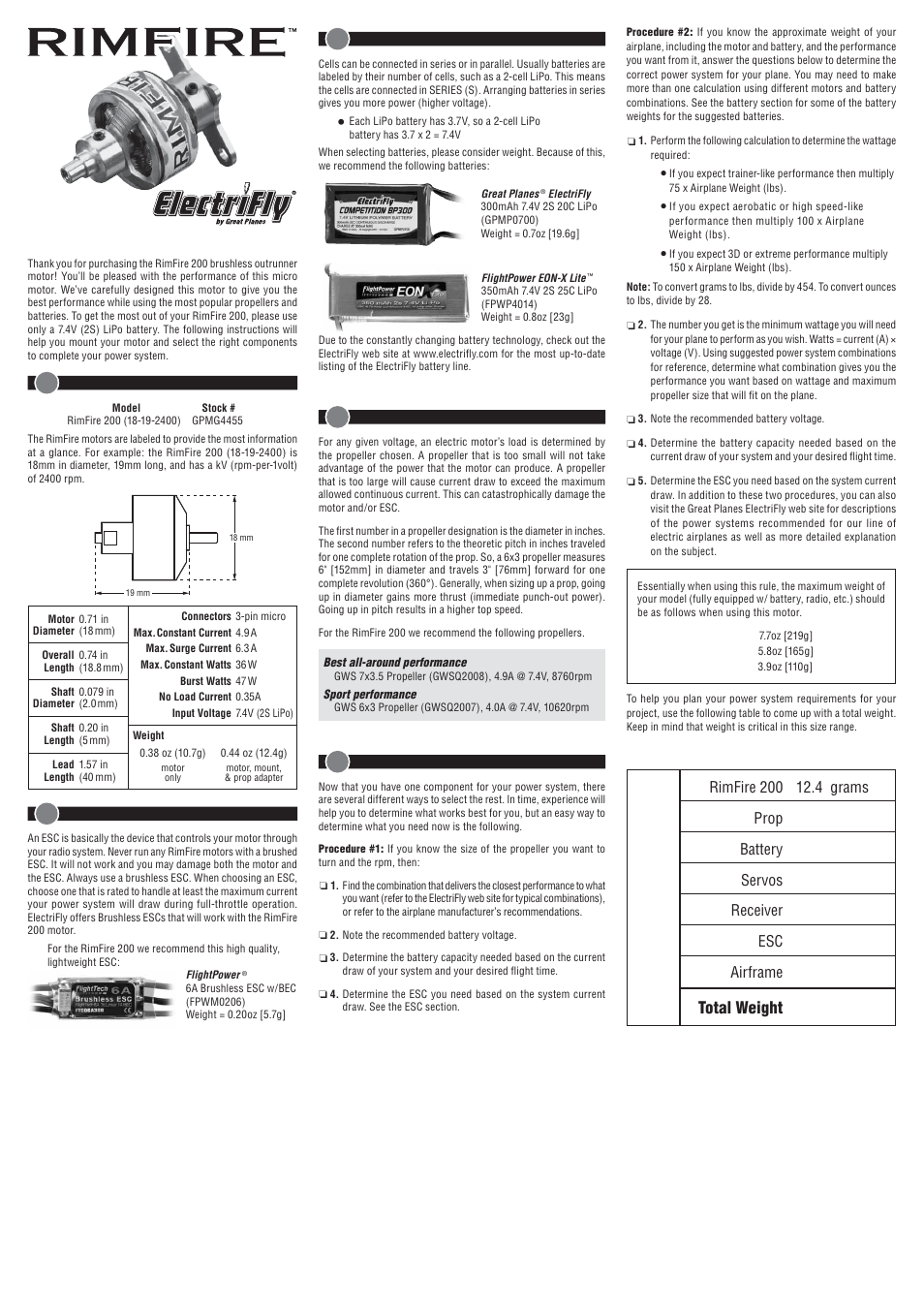 Great Planes RimFire 200 18-06-2400 Outrunner Brushless - GPMG4455 User Manual | 2 pages