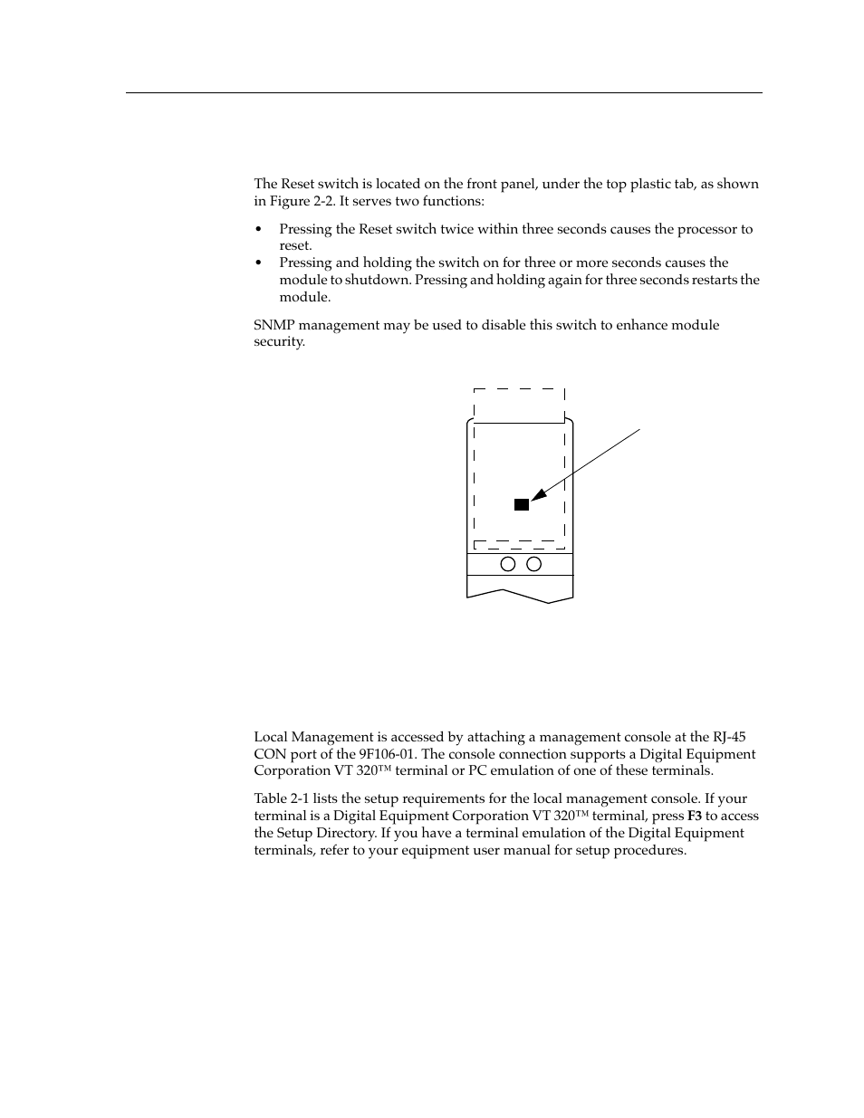The reset switch, Local management console, The reset switch -3 local management console -3 | Cabletron Systems 9T106-01 User Manual | Page 15 / 28